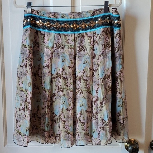 FREE PEOPLE Silk Floral Sequin Embellished Boho Chic Skirt Size 10 ARTSY FALL - Picture 1 of 12